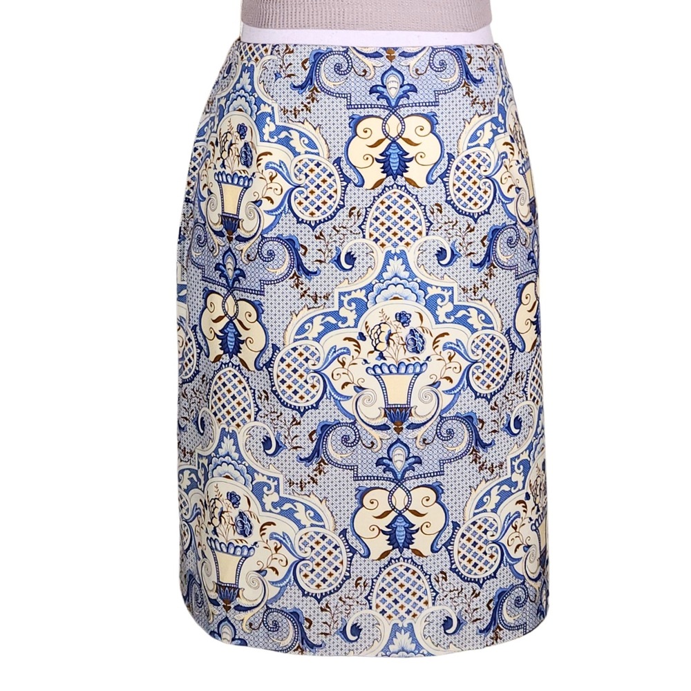 Talbots Skirt Size 10 Blue Yellow Chinoiserie Asian Print Cotton Stretch VTG 90s